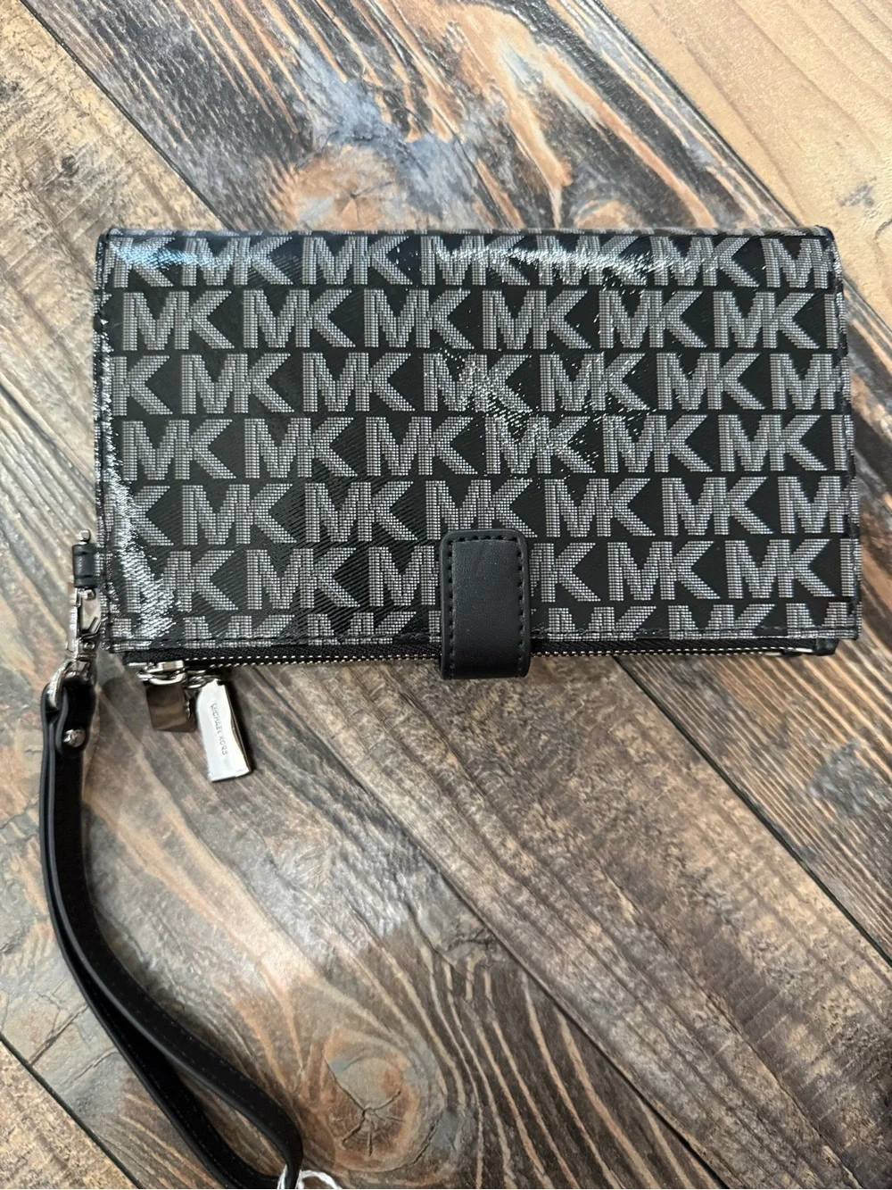 Michael Kors Black and Silver MK Logo Wristlet Wallet